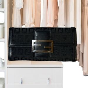 FENDI Zucchino Monogram Canvas Long Bi-Fold Wallet, Black, Vintage